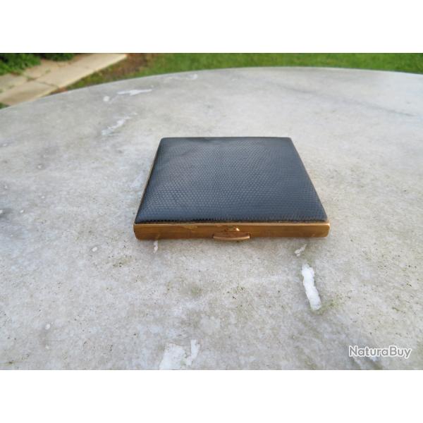 Ancien poudrier vintage en cuir noir et laiton dor�e - FRANCE (Vers 1950-60)