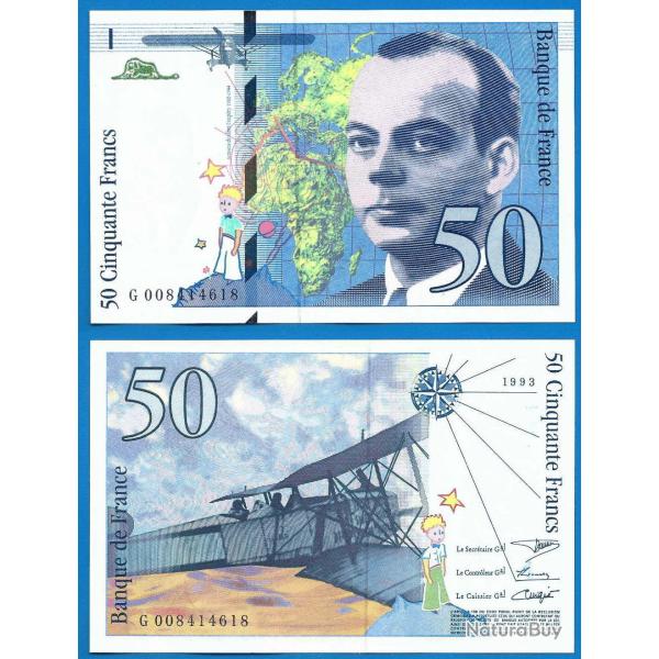 France 50 Francs 1993 Neuf  Billet Saint Exupery Avion Bi Plan Petit Prince Serie G