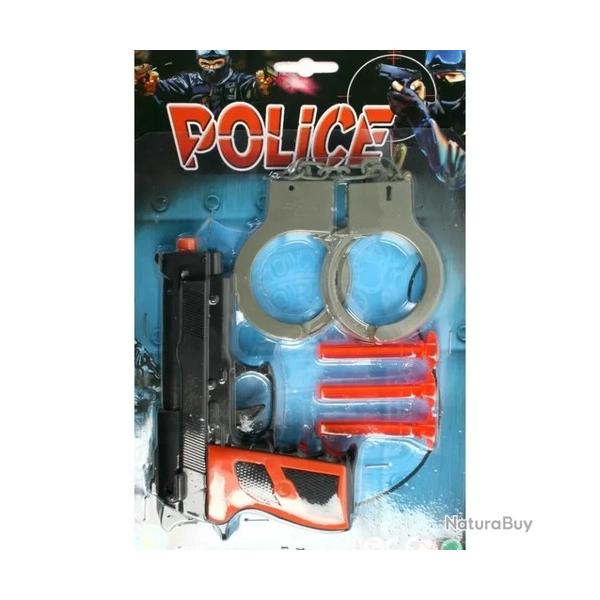 Pistolet + menottes + 3 fl�ches Taille article : 15 cms Taille carte : 29 x 19 cm