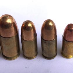 Lot de 6 munitions neutralis&eacute;es 2x 11.43, 2x 9mm para, et 2x 7.65 per&ccedil;age, vid&eacute;es, et percut&eacute;es