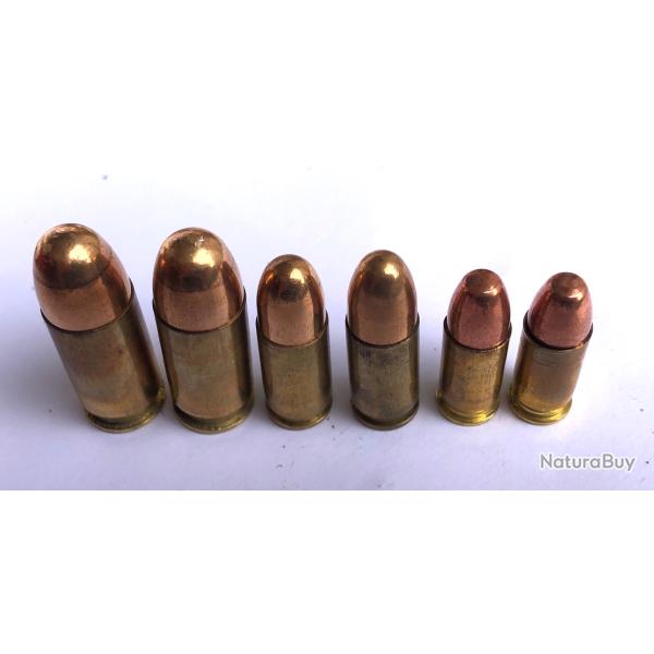 Lot de 6 munitions neutralis�es 2x 11.43, 2x 9mm para, et 2x 7.65 per�age, vid�es, et percut�es