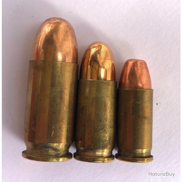Lot de 3 munitions neutralis�es 1x 11.43, 1x 9mm para, et 1x 7.65 per�age, vid�es, et percut�es