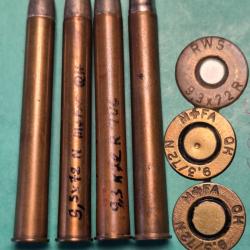 Un lot de quatre  cartouches cal 9,3 x 72 R Suisse  Drilling ou expresse