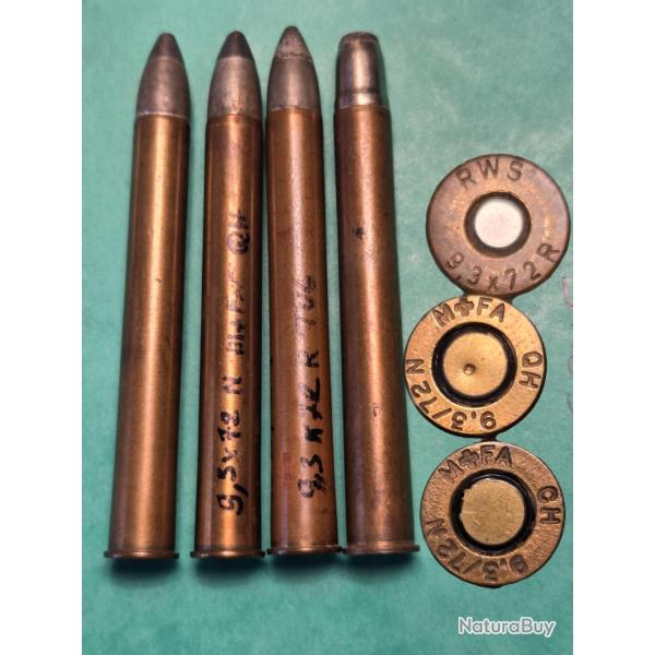Un lot de quatre  cartouches cal 9,3 x 72 R Suisse  Drilling ou expresse