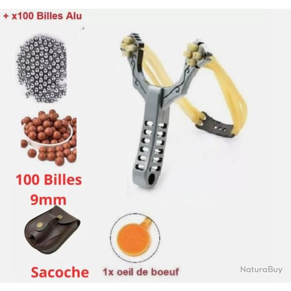 Fronde Lance Pierre 4 Elastiques en ALU + 100 Billes Puissance