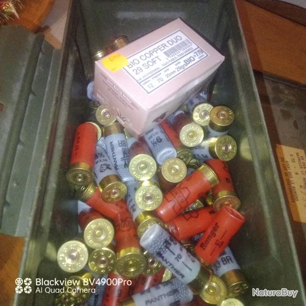 Lot cartouches cal 12 vrac+ caisse a munitions