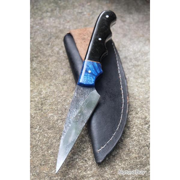 Couteau Skinner Tactical Urbain Lame Acier Carbone 1075 Manche R�sine Etui Cuir Fabr Artisanale 01