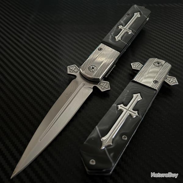 Couteau ElitEdge Gothique Croix Celtique Lame Acier 440C Manche Marbre Synthetique Linerlock