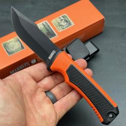 Couteau de Chasse Buschraft Marbles Manche Orange Black Lame Acier Inox Etui Nylon