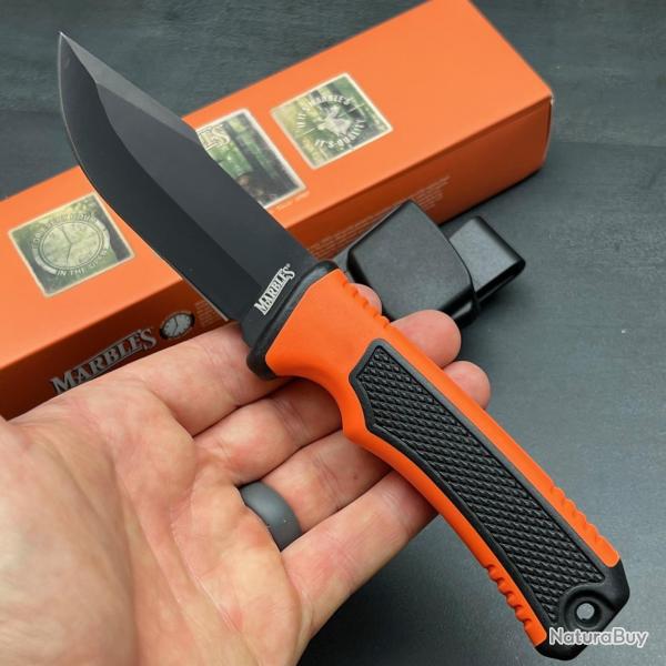 Couteau de Chasse Buschraft Marbles Manche Orange Black Lame Acier Inox Etui Nylon
