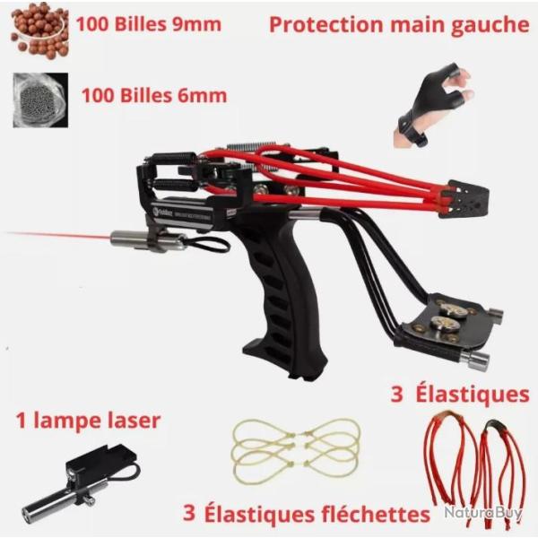 Fronde Lance-Pierre Pro en ALU + Lampe + Laser + 200 Billes + Accessoire Chasse