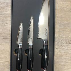 Wusaki Fujiko Black 10CR lame San main Pack de 3 couteaux - Chef + Office + Universel