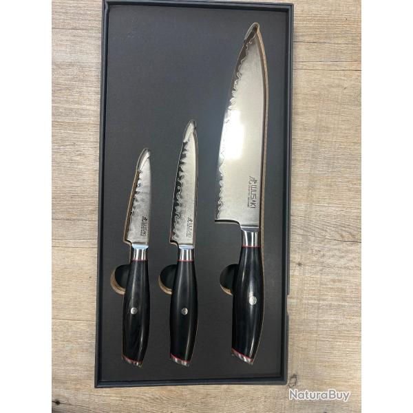 Wusaki Fujiko Black 10CR lame San main Pack de 3 couteaux - Chef + Office + Universel
