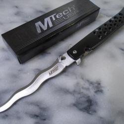 Couteau Semi Automatique MTech Kriss Lame Wavy Acier 3Cr13MoV Satin Manche Alu Anodis&eacute; Noir Linerloc