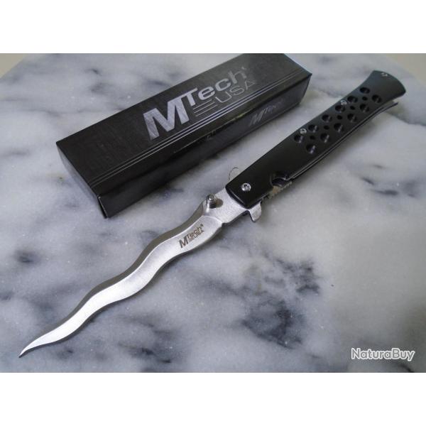 Couteau Semi Automatique MTech Kriss Lame Wavy Acier 3Cr13MoV Satin Manche Alu Anodis� Noir Linerloc