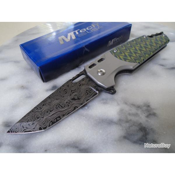 Couteau MTech Semi Auto Lame Tanto Acier 3Cr13 Fa�on Damas Manche Green/Black Liner Lock Clip
