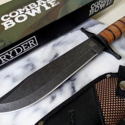 Gros Couteau De Combat Bowie Manche Cuir Grosse Lame Acier Inox Etui Nylon Rough Ryder