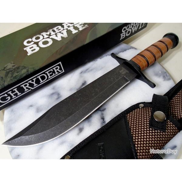 Gros Couteau De Combat Bowie Manche Cuir Grosse Lame Acier Inox Etui Nylon Rough Ryder