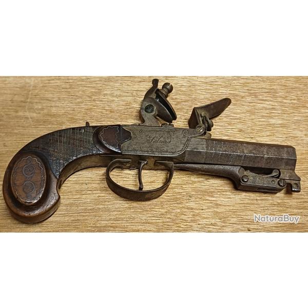 Magnifique et tr�s rare petit pistolet belge JULIARD � silex et � ba�onnette lan�ante