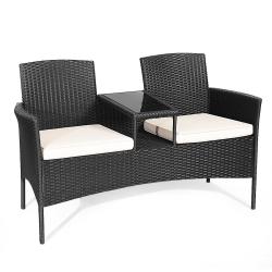 Banc de jardin 2 places avec table int&eacute;gr&eacute;e en verre tremp&eacute; ergonomique moderne pour patio l138 x p
