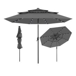 Parasol de patio inclin&eacute; 313 x 248 cm avec 32 lumi&egrave;res led et toit a&eacute;r&eacute; &agrave; 3 niveaux en polyester gr