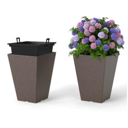 Lot de 2 jardini&egrave;res &agrave; arrosage automatique 25 x 25 x 35 cm facile &agrave; entretenir effet bois en PP ma