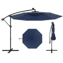 Parasol d&eacute;port&eacute; 300 x 250 cm grand ombrage &eacute;clairage solaire inclinable d&eacute;coratif en polyester bleu