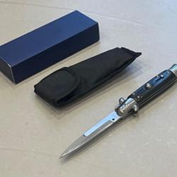 Stiletto Couteau automatique Mafia Milano Lame Acier 440 Manche noir Abs  Etui ench&egrave;re