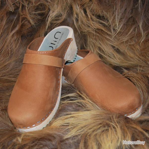 Sabot su�dois femme cuir gras ou nubuck velours p�che et bois 38 Nubuck Caramel