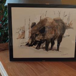 Litographie sanglier G&eacute;rald Bressler, peintre Genevois (1926)