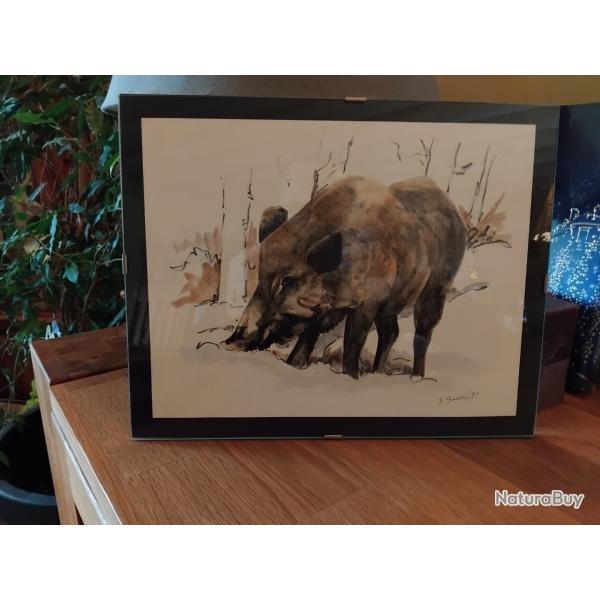 Litographie sanglier G�rald Bressler, peintre Genevois (1926)