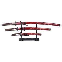 SET KATANA-WAKIZASHI-TANTO LAME ACIER DECO ROUGE MOTIF DRAGON