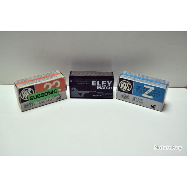 Lot de 3 boites de munitions RWS et ELEY - Cal. 22 LR