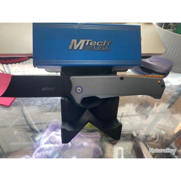 Couteau Pliant MTech Tanto Reverse Lame Acier 3Cr13MoV Manche Aluminium Bleu Linerlock