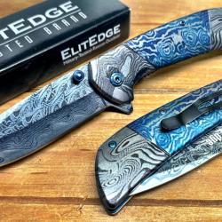 Couteau A/O ElitEdge Lame Fa&ccedil;on Damas Grav&eacute;e Manche Bleu Acier Inoxydable Linerlock Clip
