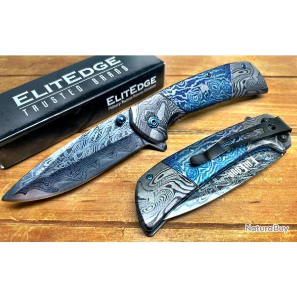 Couteau A/O ElitEdge Lame Fa�on Damas Grav�e Manche Bleu Acier Inoxydable Linerlock Clip