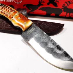 Couteau Skinner Survie Chasse American Hunter Lame Acier Carbone 1055 Martel&eacute;e Manche Os Etui Cuir