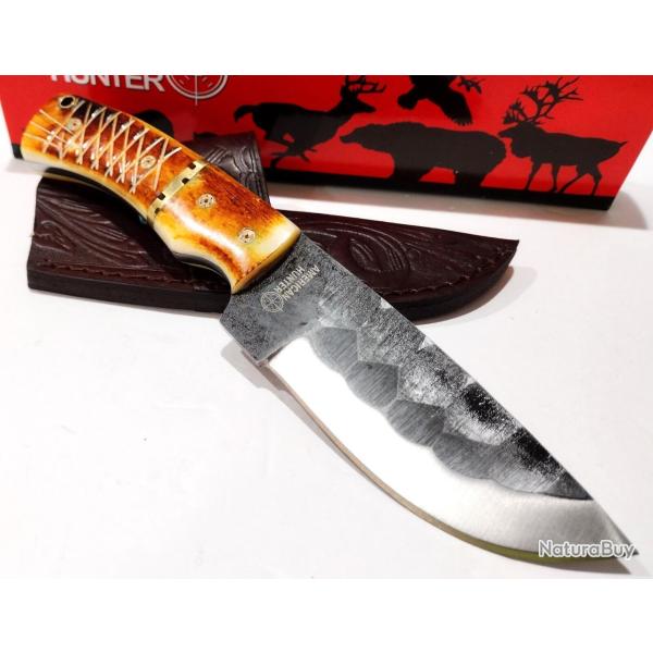 Couteau Skinner Survie Chasse American Hunter Lame Acier Carbone 1055 Martel�e Manche Os Etui Cuir