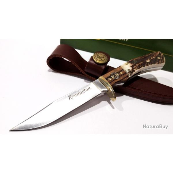 Couteau Remington Guide Jr. Skinner Lame Acier 440 Manche Os & Bois Etui Cuir