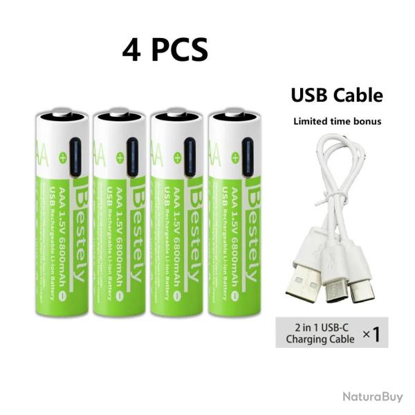 Piles AAA Li-ion Rechargeable USB-C 6800mAh, Modele: 4pcs