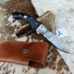 couteau de poche pliant  Fait &Agrave; Main Lame Acier Damas Manche corne de Buffle 2