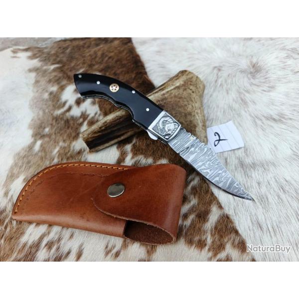 couteau de poche pliant  Fait � Main Lame Acier Damas Manche corne de Buffle 2