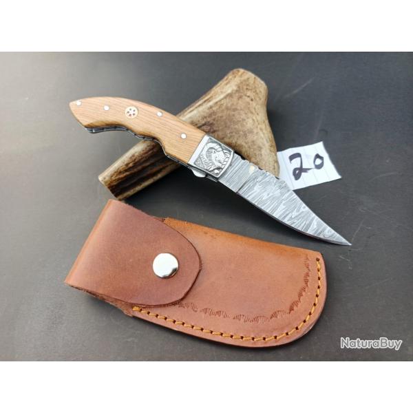 couteau de poche pliant  Fait � Main Lame Acier Damas Manche en Bois de olive 20
