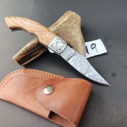 couteau de poche pliant  Fait &Agrave; Main Lame Acier Damas Manche en Bois de olive 19