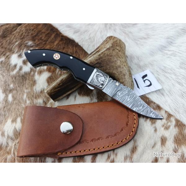 couteau de poche pliant  Fait � Main Lame Acier Damas Manche en Corne de buffle 15