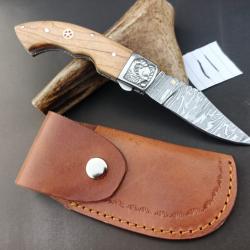 couteau de poche pliant  Fait &Agrave; Main Lame Acier Damas Manche en Bois de Olive 11