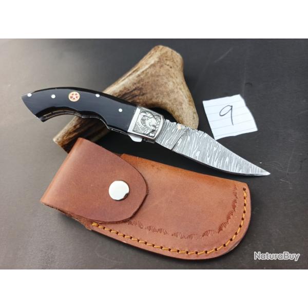 couteau de poche pliant  Fait � Main Lame Acier Damas Manche en corne de Buffle 9