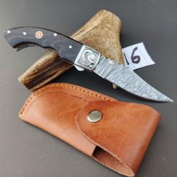 couteau de poche pliant  Fait &Agrave; Main Lame Acier Damas Manche en Bois de Weng&eacute; 16