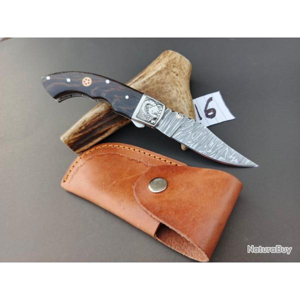 couteau de poche pliant  Fait � Main Lame Acier Damas Manche en Bois de Weng� 16