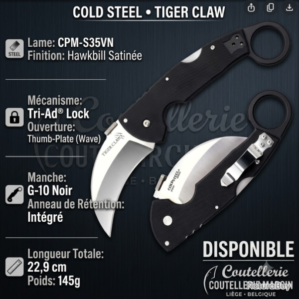 Cold Steel Tiger Claw 22C Karambit - Acier CPM-S35VN & Tri-Ad� Lock (Design Andrew Demko)